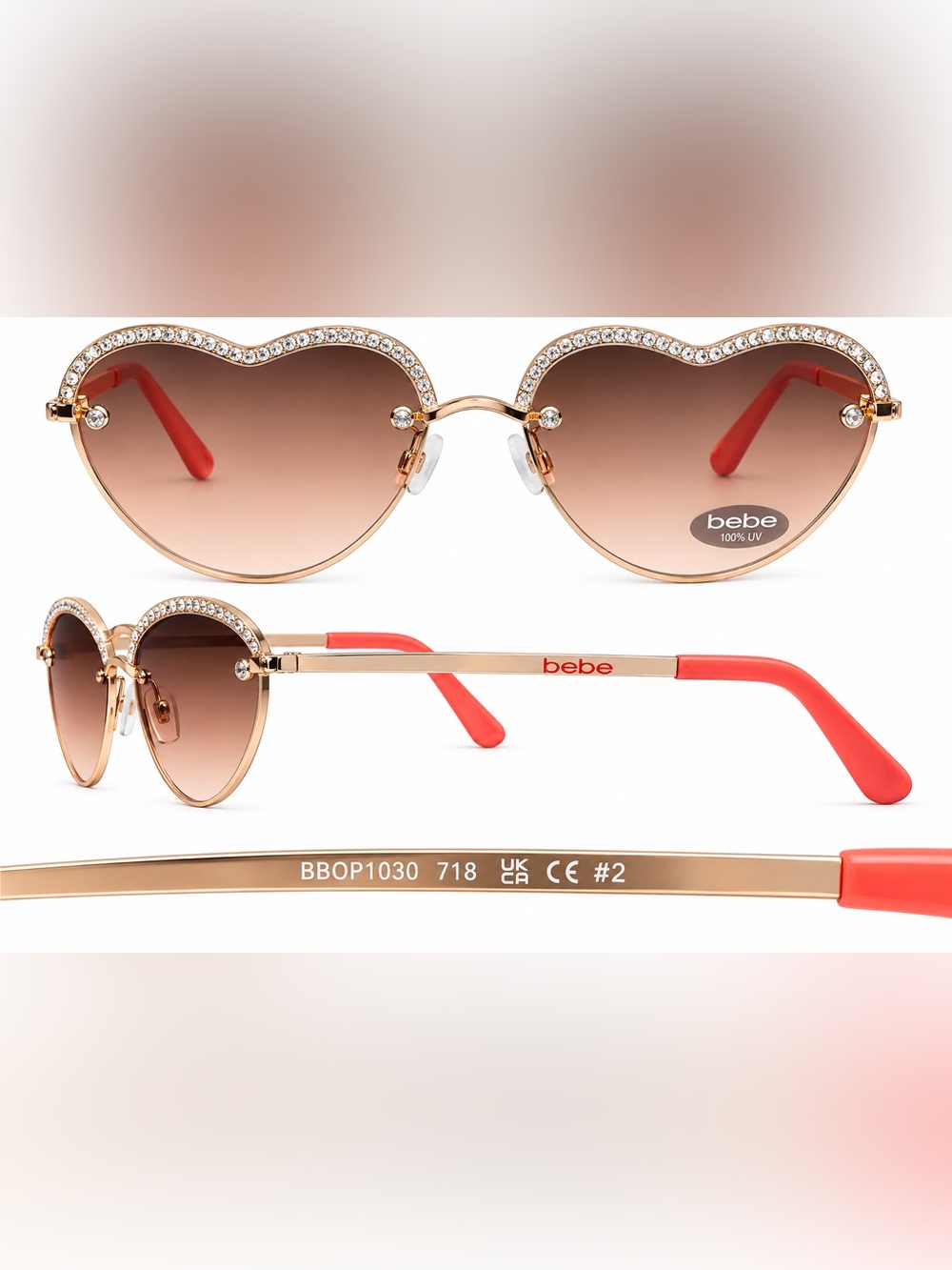 bebe Gold Frame Sunglasses with Pink Gradient Lenses and Coral Tips (No Case)